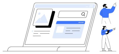 Arama çubuğu, resim ve içerik önizlemesini iki takım üyesiyle tartışan bir dizüstü bilgisayar. Web tasarımı, takım çalışması, planlama, arayüz, işbirliği, eğitim sade iniş sayfası için ideal
