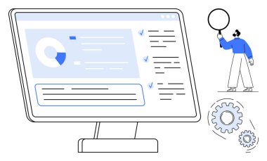 Bilgisayar ekranında, baloncuk ve dişli simgeleri tutan bir kişi eşliğinde çizelgeler, metin ve kontrol listeleri gösteriliyor. Analiz, takım çalışması, teknoloji, yazılım, bilişim işi için ideal basit iniş