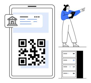 Akıllı telefonda bankacılık simgesiyle QR kodu tarandı. Tabletteki verileri analiz eden kadın, sunucu rafı. Ödeme sistemleri, fintech, veri analizi, dijital bankacılık, QR teknolojisi, güvenli depolama ve basit