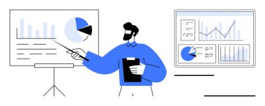 Grafikler ve turta grafikleri içeren bir tabloda verileri tartışan profesyonel bir gözlemci. Analiz, iş stratejisi, piyasa araştırması, kurumsal eğitim, finans, sunumlar için ideal, basit