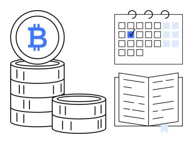 Bitcoin yığını kripto para birimini ve dijital yatırımı, takvim işaretleri planlama ve zamanlamayı ve açık kitap da öğrenme ve stratejiyi simgeler. Finans, kripto, planlama ve eğitim için ideal