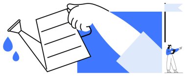 Sulama kabından su dökmek, ilerlemeyi hızlandırır. Damlalar, küçük bayrak ve renk aksanı büyüme ve başarı anlamına gelir. Takım çalışması, liderlik, motivasyon ilerleme sürdürülebilirliği için ideal