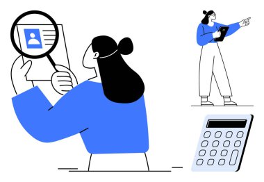 Kimliği büyüteçle inceleyen, el kol hareketi yaparken tableti tutan kadın, hesap makinesi analitik görevleri temsil ediyor. İşe alım, araştırma, belgeleme, kimlik doğrulama, İK işlemleri için ideal