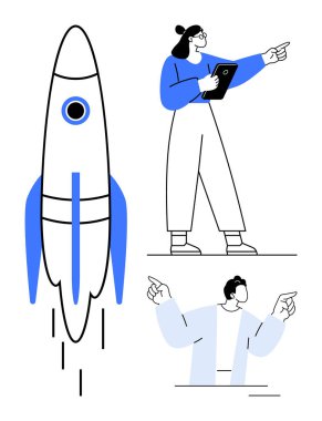 Roket havalanırken iki kişi bir tabletle işbirliği yapıyor, işaret ediyor ve fikirleri analiz ediyor. Takım çalışması, yenilik, strateji, liderlik, büyüme, beyin fırtınası için ideal basit iniş sayfaları