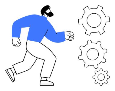 Birbirine bağlı dişlilerin yanında hareket eden adam takım çalışmasını, yenilikleri ve ilerlemeyi görselleştiriyor. İş stratejisi, iş akışı, teknoloji, öğrenme, büyüme, süreç optimizasyonu için ideal basit iniş sayfası