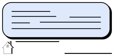 Metin satırlı mavi dikdörtgen mali belge, küçük siyah beyaz bir ev ikonuna eşlik ediyor. Finans, gayrimenkul, kredi, bankacılık, mülk, evrak ve sözleşmeler için ideal. Düz basit