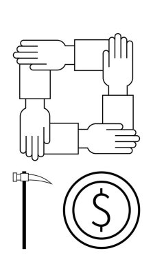 Birbirine kenetlenmiş eller takım çalışmasını sembolize eder. İşçi sınıfını temsil eden çekiç ve değerli parayı simgeler. İş, finans, işbirliği, birlik, sıkı çalışma, yatırım temaları için ideal