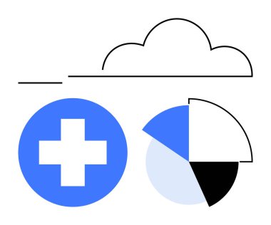 Bulut çizgisi mavi sağlık haçı ve pasta grafiğinin üstünde. Sağlık hizmetleri, veri analizleri, dijital dönüşüm, bulut depolama, tıbbi yenilik, teknoloji, gelecekçi çözümler için ideal. Düz basit