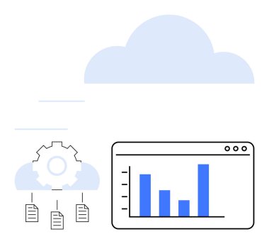 Çarkıfelekli bulut, bağlı belgeler ve çubuk grafiği veri depolama, analitik ve otomasyonu temsil ediyor. Bulut hesaplama, analitik, iş akışı otomasyon teknolojisi yenilik verileri için ideal