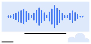 Dikdörtgen arkaplanlı mavi ses dalgaları, küçük bulut elementleri ve yatay çizgiler. Teknoloji, ses, iletişim, yaratıcılık, dijital medya, yenilik için ideal basit bir iniş sayfası