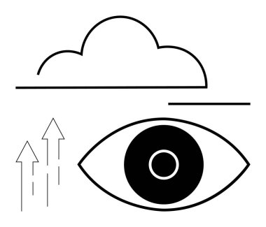 Bulutun altındaki odaklanma detaylarıyla stilize edilmiş göz, yanında ilerleyişi, görüşü, geleceği, büyümeyi, analitiği, yeniliği ve teknolojiyi sembolize eden yukarı bakan oklar. Basit bir iniş sayfası için ideal