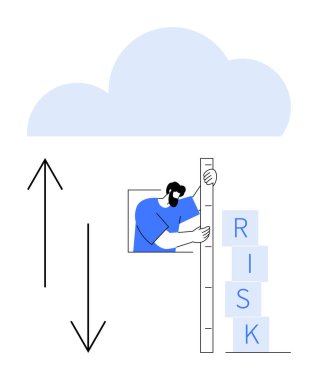 Bir bulutun yanında RISK etiketli bir yığın bloğun riskini ölçen kişi. Yukarı ve aşağı oklar değişken faktörleri gösterir. Risk yönetimi, karar verme, iş stratejisi, değerlendirme için ideal