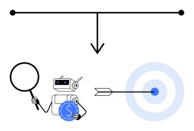 Robot, hedefi okla hedef alırken bilgiyi analiz etmek için büyüteç ve para kullanır. Teknoloji, finans, doğruluk, otomasyon, hedef belirleme, analiz, strateji için ideal. Düz basit