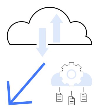 Veri yükleme ve indirmeyi temsil eden okları olan bulut, otomasyonu sembolize eden çark ve depolamayı gösteren dosyalar. Teknoloji, yenilik, verimlilik, ağ oluşturma, bulut depolama, veri için ideal