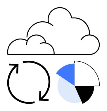 Yuvarlak oklar üzerinde bulut simgesi ve veri senkronizasyonu ve analizini görselleştiren segmentli pasta grafiği. Veri yönetimi için ideal, bulut hesaplama, teknoloji, rapor oluşturma, büyük veri