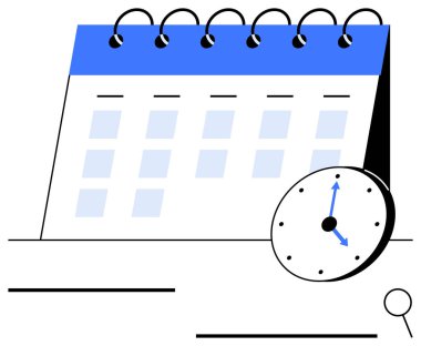 Açık spiral takvim ve analog saat zaman planlama, görevler ve teslim tarihlerini sembolize ediyor. Üretkenlik, organizasyon, programlama, atamalar, zaman çizelgeleri, proje planlaması için ideal