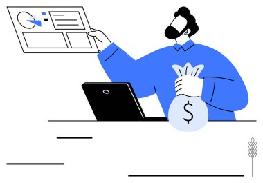 Dizüstü bilgisayarın yanında para çantası saklayan bir adam. Ticari büyüme, strateji, finans, başarı, planlama, kâr, analiz için idealdir. Düz basit metafor