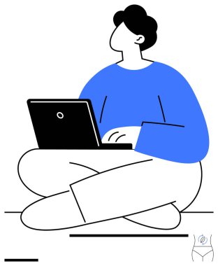 Gündelik kıyafetlerle dizüstü bilgisayar kullanarak bağdaş kurarak oturan bir birey. Uzak çalışma, serbest öğrenim, gelişigüzel öğrenme, eğitim, teknoloji kullanımı, dijital yaşam tarzı, basit iniş sayfası için ideal