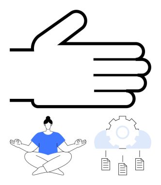 Oturan meditasyon, teçhizat ve belgelerin üzerinde el hareketi denge, farkındalık, organizasyon, iş akışı, takım çalışması verimlilik ve uyum sağlar. Meditasyon işi için ideal iş akışı. Düz