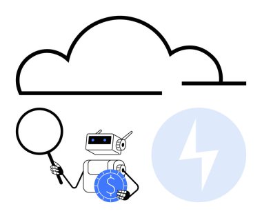 Robot bulut anahatlarının altında büyüteç ve bozuk para tutuyor, bulut hesaplama kavramlarını araştırıyor. Yenilik, yapay zeka araştırması, fintech, büyük veri, analiz, bulut depolama, otomasyon için ideal