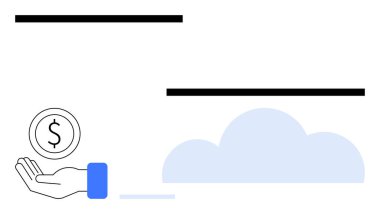 Bulut tarafından vurgulanan madeni para ile el açık, fintech, bulut hesaplama, tasarruflar, bağışlar, dijital cüzdanlar, ekonomik planlama ve basit iniş sayfası vurgulanır