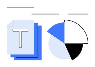 Pasta grafiği istiflenmiş metin kağıtları ve yatay çizgilerle birlikte dörde bölünmüş. Analiz, raporlama, belgeleme, istatistik, bilgi grafikleri, organizasyon, planlama için ideal. Düz basit