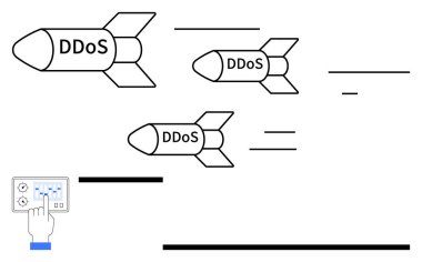 Kontrol paneliyle fırlatılan DDoS füzeleri siber tehdit, risk ve İnternet karışıklığını vurguluyor. Siber güvenlik, hackleme, savunma, online saldırı, gözetleme, önleme dairesi için ideal