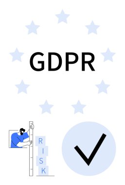 Yıldızlarla çevrili GDPR metni, risk bloklarını analiz eden kişi, mavi kontrol işareti. Gizlilik için ideal, veri koruması, yönetmelik, siber güvenlik, yasal uyum kavramları, iş riski basit iniş