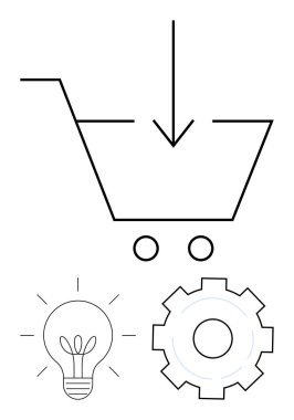 Satın almayı gösteren oklu alışveriş arabası, yenilik için ampul, işlem için teçhizat. E-ticaret, yaratıcılık, otomasyon, teknoloji, fikirler, basit alışveriş iniş sayfası için ideal