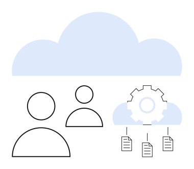 Basit insanların, dosyaların ve ekipmanların üzerindeki büyük bulut. Takım çalışması için ideal, bulut hesaplama, dosya paylaşımı, otomasyon, organizasyon teknolojisi uzaktan çalışma. Düz basit metafor