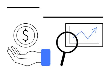 Eldeki dolar madeni parayı sembolize eder, büyüteç ise analiz için bir büyüme tablosunu. Finans, ekonomi, iş, yatırım, denetim, strateji, basit iniş sayfası için ideal