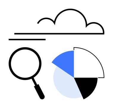 Büyüteç, bulut grafiği altında pasta grafiğini inceliyor. Veri depolama, analitik, bulut hesaplama, sezgiler, büyük veriler, teknoloji stratejileri ve araştırma kavramları için idealdir. Düz basit