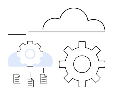Veri entegrasyonu, yönetim ve otomasyonu temsil eden bağlı dişli ve dosya simgelerine sahip bulut. Teknoloji, ağ oluşturma, yenilik, verimlilik, veritabanı, bulut depolama dairesi için ideal