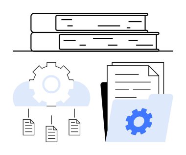 Kitaplar, kağıtlar, teçhizat ve dosyalara bağlı bir bulut. Depolama konsepti, teknoloji, eğitim, iş akışı, organizasyon veri paylaşım otomasyonu için ideal. Düz basit metafor