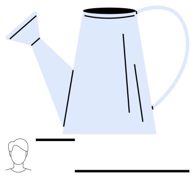 Basit insan siluetinin yanında pastel tonlarda büyük sulama tenekesi, oranları vurguluyor. Bahçe işleri, sürdürülebilirlik, büyüme, yetiştirme, eko-yaşam, minimalizm, düz basit metafor