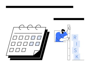 İşaretli tarihli takvim ve bir cetvel kullanarak RISK etiketli bireysel istifleme blokları. Planlama, strateji, risk değerlendirmesi, zaman yönetimi, iş süreçleri, organizasyon, basit iniş için ideal