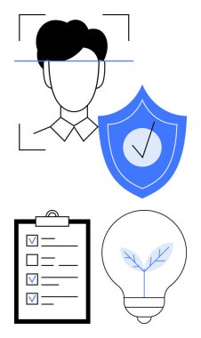 Biyometrik kimlik taraması, güvenlik işaretli kalkan, kontrol kutulu liste, yapraklı ampul. Güvenlik, yenilik, süreç, izleme, koruma için ideal basit ekolojik bilinç