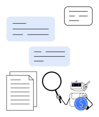 Büyüteçle dokümanları ve finansal veri baloncuklarını inceleyen robot. Araştırma, otomasyon, finans, soruşturma, dijital araçlar, yapay zeka, veri incelemesi için ideal. Düz basit metafor