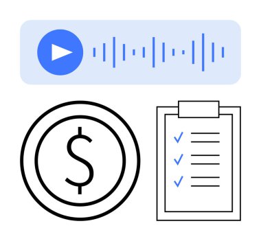 Ses dalgalı ses çalar, daire şeklinde dolar işareti ve işaretli kontrol listesi. Finans, üretkenlik, planlama, ses hizmeti, görev yönetimi, analitik ve basit iniş sayfası için ideal