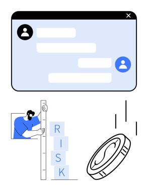 Sohbet penceresi diyaloğu, risk bloklarını cetvelle istiflemek ve havada yazı tura atmak. Risk analizi, karar verme, dijital iletişim, finans, belirsizlik, işbirliği için ideal basit