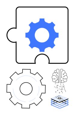 Vites mekanik bileşenleri olan bir yapboz parçasına entegre edildi. Teknoloji, yapay zeka, takım çalışması, yenilik, mekanik, problem çözme, basit iniş sayfası için beyin ve katmanlı elementler