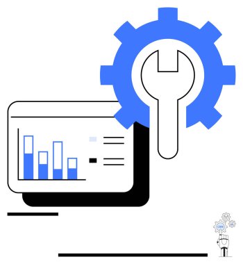 İngiliz anahtarının yanındaki ekran çubuğu grafiği veri analizi, bakım ve problem çözmeyi ön plana çıkarıyor. Analiz, strateji, iş akışı, teknoloji, çözümler için ideal basit araçlar