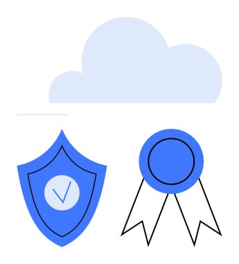 İşaretli mavi kalkan, ödül kurdelesi ve yumuşak bulut güvenliği, güveni ve tanınmayı resmediyor. Koruma, sertifika, başarı, bilişim hizmetleri veri güvenliği için ideal