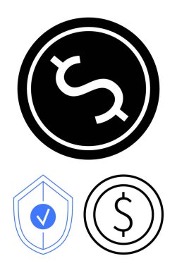 Dairesel para sembolü, işaretli kalkan ve ek para birimi simgesi. Finans, güvenlik, ödeme, sigorta, engelleme zinciri ve basit iniş sayfası için ideal