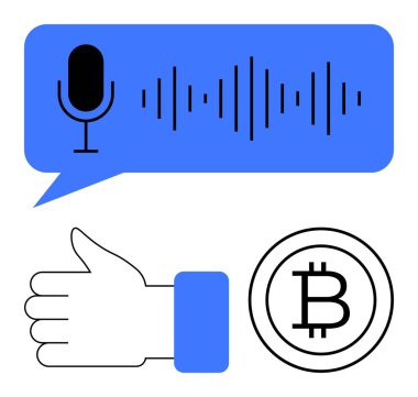 Ses dalgalı mikrofon, baş parmak işareti ses teknisyeni, geribildirim ve dijital finans tasvir eden Bitcoin işareti. Konseptler için ideal teknik yenilik, iletişim, ödeme, kripto para birimi