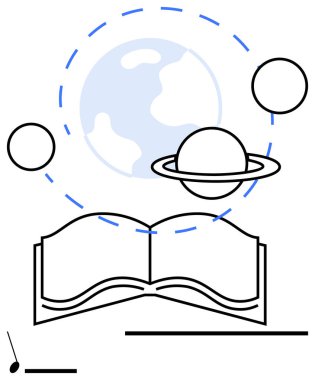 Dünya, Satürn ve yörüngedeki gezegenlerle çevrili açık bir kitap. Eğitim, bilim, keşif, uzay eğitimi, bilgi paylaşımı, astronomi sade iniş sayfası için ideal