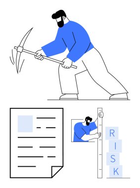 Madenci zorlukları aşıyor, belge analizi yapıyor ve risk bloğu kulesini ölçüyor. İş, finans, risk değerlendirmesi, strateji, analiz, basit iniş sayfası için ideal