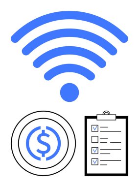 Mavi kablosuz ikon, dolar parası ve işaretli görevleri olan kontrol listesi teknoloji, finans ve organizasyonu iletir. Teknolojik çözümler, fintech, verimlilik uygulamaları, kablosuz hizmetler akıllı aygıtlar için ideal