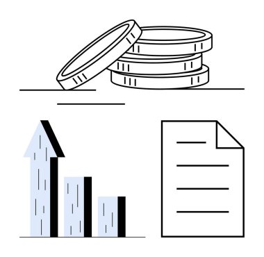 Birikmiş paralar, büyümeyi gösteren oklu tablolar ve belge taslağı. Finans, iş, yatırım, büyüme analizi, ekonomik planlama bütçesi ve raporlar için idealdir. Düz basit metafor