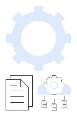 İş akışını, otomasyonu, bulut depolamasını ve sistem entegrasyonunu temsil eden dosyalara bağlı bulutların arkasındaki vites. Veri yönetimi, teknik çözümler, organizasyon, işbirliği ve dijital için ideal